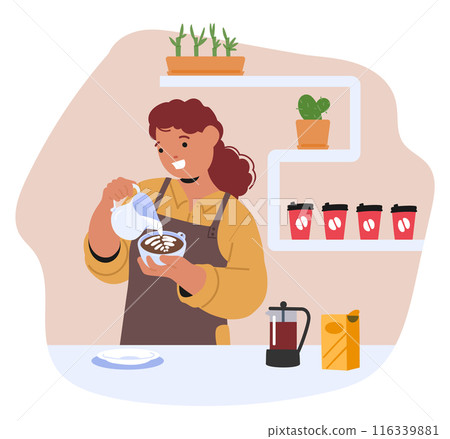 Smiling Female Barista Skillfully Pouring Latte Art In A Warm, Cozy Coffee Shop. Surrounded By Coffee Cups, Plants 116339881