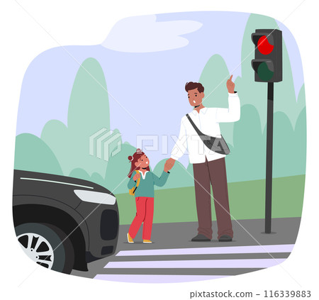 Father Character Holding His Daughter Hand While Crossing The Street At A Pedestrian Crossing With A Red Light Signal 116339883