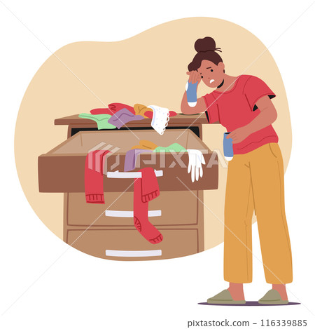 Woman Organizing A Messy Drawer Filled With Clothes. Vector Scene Depicts The Challenges And Effort Of Household Chores 116339885