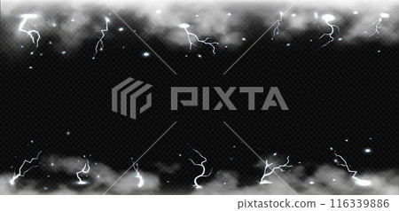 Horizontal banner with lightning, clouds along the top and bottom border. 116339886