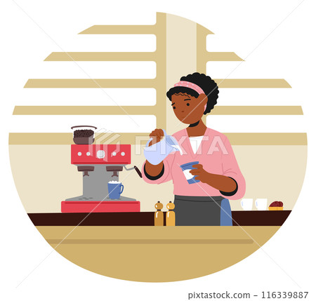 Female Barista Skillfully Making Coffee With An Espresso Machine In A Cozy Cafe, Emphasizing The Craft Of Coffee-making Female Barista Skillfully Making Coffee With An Espresso Machine In A Cozy Cafe, Emphasizing The Craft Of Coffee-making 116339887