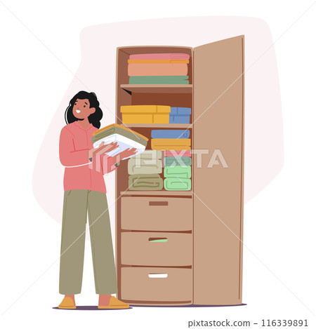 Cartoon Woman Character Organizing Clothes In A Wardrobe. The Scene Showcases A Tidy Approach To Home Organization 116339891