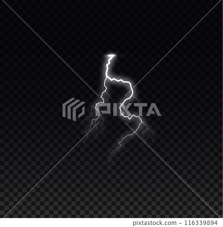Vector illustration of a flash of a white thunderstorm on a black background. 116339894