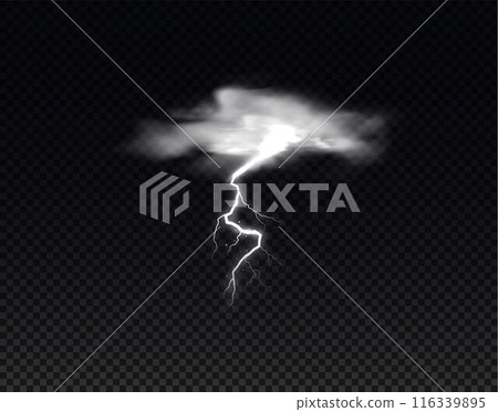 White cloud with lightning strikes thundercloud, vector realistic storm cloud, magical energy flash, glowing thunderbolt 116339895