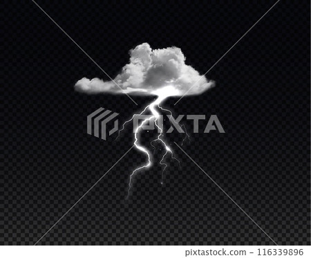 Vector illustration with a thundercloud and a shining white thunderstorm on a black background. Vector illustration with a thundercloud and a shining white thunderstorm on a black background. 116339896
