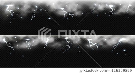 Banners with a border. Thunderbolt and white smoke clouds. 116339899