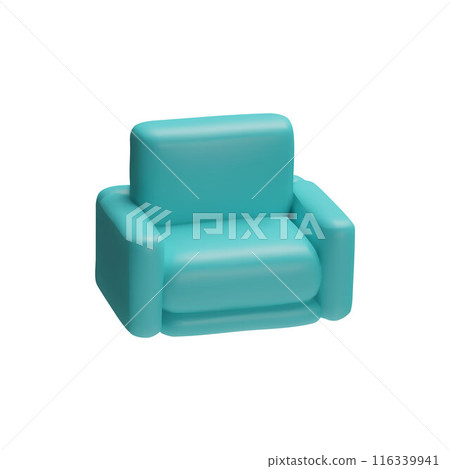 Sofa, armchair 3d plastic style vector icon, turquoise leather couch, volume lounge furniture, interior design element 116339941