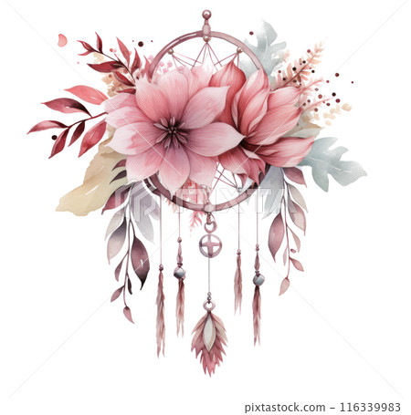 Flowers and Feathers Painting on White Background 116339983
