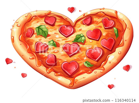 Indulge in a heart-shaped pizza with tomatoes and basil. Truly delicious for sweet couples, creating a flavorful and romantic experience to cherish together. AI Generated 116340114