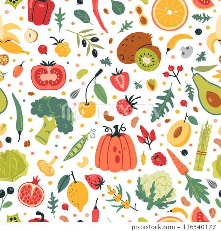 Seamless Pattern with Fruits, Vegetables and berries. Healthly food concept. Modern vector illustration isolated on white background, hand drawn, flat design Seamless Pattern with Fruits, Vegetables and berries. Healthly food concept. Modern vector illustration isolated on white background, hand drawn, flat design 116340177