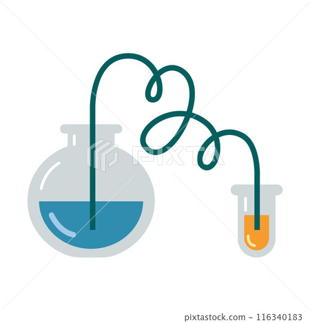 Laboratory test tubes, Two flasks connected by a tube. Transparent glassware with chemical reagents. Experiment equipment for chemistry lessons. Vector illustration isolated on white, flat design 116340183