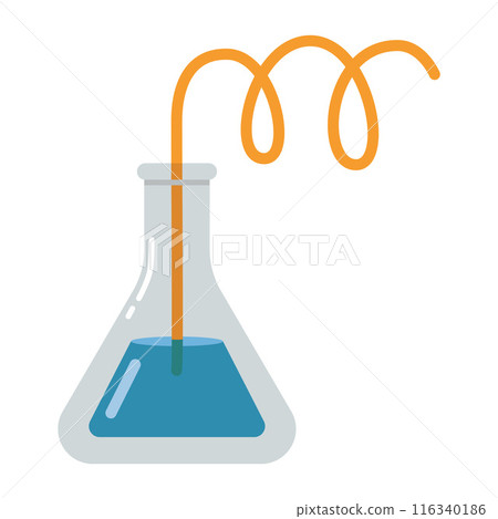 Laboratory test tube, flask with a straw. Transparent glassware with chemical reagents. Experiment equipment for chemistry lessons. Vector illustration isolated on white, flat design 116340186