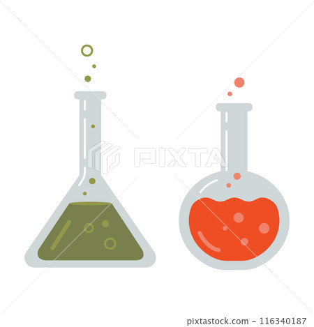 Two Laboratory test tubes, flasks. Transparent glassware with chemical reagents. Experiment equipment for chemistry lessons. Vector illustration isolated on white, flat design 116340187