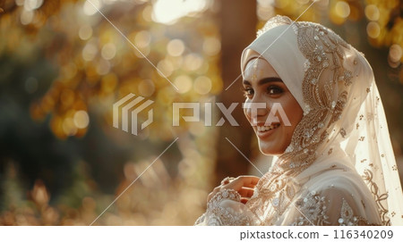 Muslim bride in a white wedding dress in a wedding 116340209
