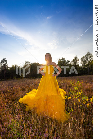 A woman in a yellow dress stands elegantly in a meadow at sunset, exuding confidence A woman in a yellow dress stands elegantly in a meadow at sunset, exuding confidence 116340294