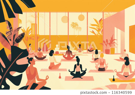 Diverse group practices yoga in minimalistic modern studio. Sunlight fills space, serene palm view outside. Health, tranquility scene with instructor guiding meditation. Resilience, focus emphasized. 116340599