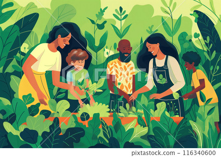Diverse family enjoys gardening in green lush garden. Multi-racial adults, children plant, tend eco-friendly vegetable patch together. Outdoors spring activity, bonding in nature. 116340600