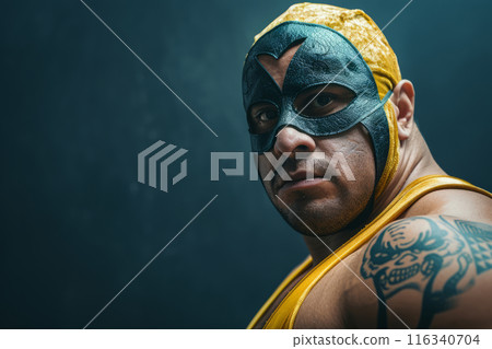 Determined masked wrestler with a focused expression 116340704