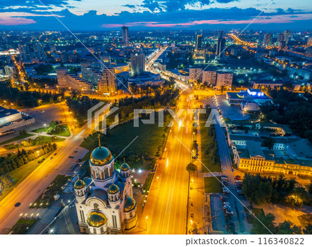 Ekaterinburg, Russia. Temple on the Blood. Night city in the early spring or summer. Aerial view Ekaterinburg, Russia. Temple on the Blood. Night city in the early spring or summer. Aerial view 116340822