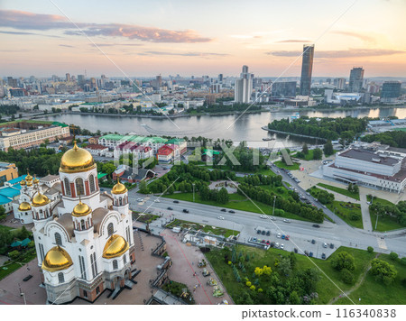Summer Yekaterinburg and Temple on Blood in cloudy sunset. Aerial view of Yekaterinburg, Russia. Translation of the text on the temple Summer Yekaterinburg and Temple on Blood in cloudy sunset. Aerial view of Yekaterinburg, Russia. Translation of the text on the temple 116340838