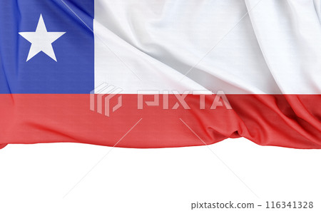 Flag of Chile isolated on white background with copy space below. 3D rendering Flag of Chile isolated on white background with copy space below. 3D rendering 116341328