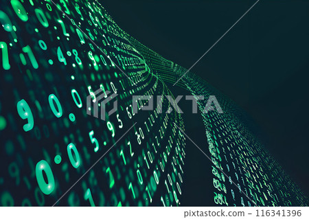 Generative Ai illustration. Digital data streams flow into each other - green binary code series 116341396