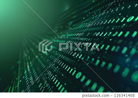 Generative Ai illustration. Digital data streams flow into each other - green binary code series 116341408