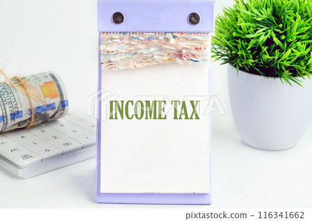 Conceptual income tax symbol. Copy space. Words INCOME TAX on a desktop calendar on a white background 116341662