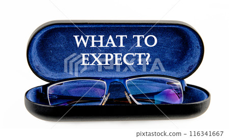 What to expect text symbol on the inside of the glasses case on a white background What to expect text symbol on the inside of the glasses case on a white background 116341667