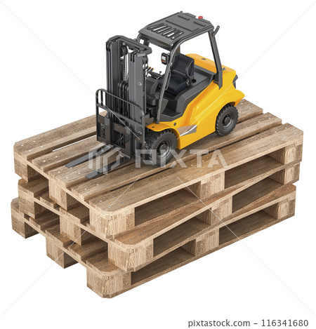 Forklift truck on the wooden pallets. 3D rendering 116341680
