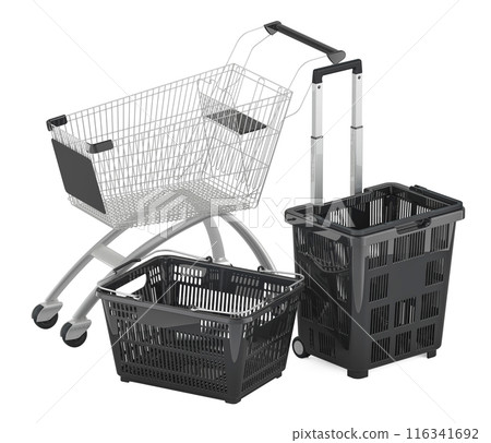 Black Friday concept. Shopping cart, rolling basket and plastic shopping basket, black color. 3D rendering 116341692