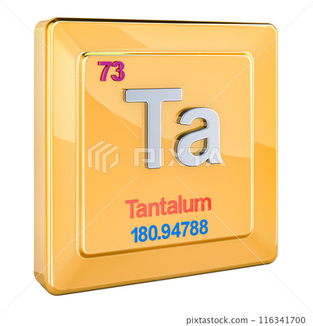 Tantalum Ta, chemical element sign with number 73 in periodic table. 3D rendering Tantalum Ta, chemical element sign with number 73 in periodic table. 3D rendering 116341700