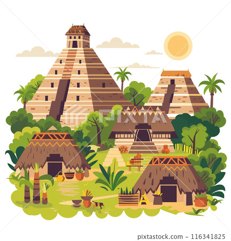 Illustration Of Ancient Mayan Village With Huts: Depicting Maya Civilization Life, Native American Cooking And Working In Aztec Pyramids. Flat Design Of Mexican Landscape. 116341825