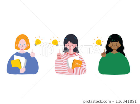 一名年輕白人女性、黑人女性和日本女性舉起食指並提出一個想法的上半身插圖。 116341851