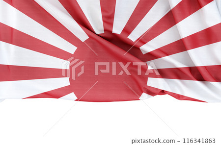 Rising Sun Flag isolated on white background with copy space below. 3D rendering Rising Sun Flag isolated on white background with copy space below. 3D rendering 116341863