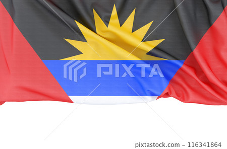 Flag of Antigua and Barbuda isolated on white background with copy space below. 3D rendering Flag of Antigua and Barbuda isolated on white background with copy space below. 3D rendering 116341864