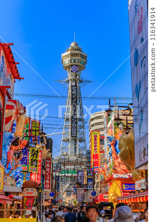 Osaka Prefecture, Osaka City, Shinsekai and Tsutenkaku bustling with tourists 116341914