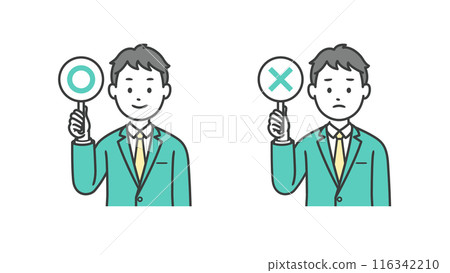 Illustration of a male student raising a circle or cross sign Illustration of a male student raising a circle or cross sign 116342210