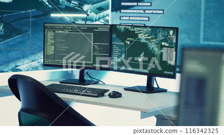 Government anti terrorism control center equipped with a big display and radar surveillance on satellite cctv system used for national reconnaissance. Empty military command space. Government anti terrorism control center equipped with a big display and radar surveillance on satellite cctv system used for national reconnaissance. Empty military command space. 116342325