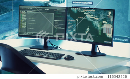 Federal anti terrorism operation room equipped with a big screen and radar surveillance footage on satellite cctv system used for reconnaissance. Empty military command center. Federal anti terrorism operation room equipped with a big screen and radar surveillance footage on satellite cctv system used for reconnaissance. Empty military command center. 116342326