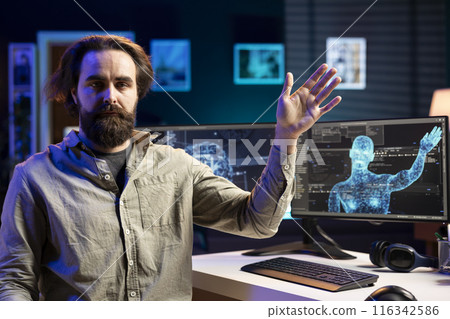 Rogue AI taking control of software developer, moving his limbs, starting robot uprising posing risk to mankind. Artificial intelligence possessing engineer, spiraling out of control Rogue AI taking control of software developer, moving his limbs, starting robot uprising posing risk to mankind. Artificial intelligence possessing engineer, spiraling out of control 116342586