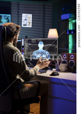 Teleworking engineer communicates with artificial intelligence entity with anthropomorphic body. IT freelancer using computer to chat with AI robot in humanoid form, scifi concept Teleworking engineer communicates with artificial intelligence entity with anthropomorphic body. IT freelancer using computer to chat with AI robot in humanoid form, scifi concept 116342594