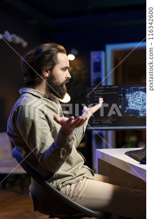 Annoyed engineer confused by error while using computer for artificial intelligence computing simulating human brain. IT professional working with AI deep neural networks on PC, upset by failure 116342600