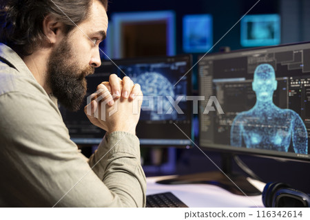 Software developer unable to believe eyes after seeing AI gaining humanoid form and consciousness. Computer scientist surprised by artificial intelligence materializing on screen unprompted Software developer unable to believe eyes after seeing AI gaining humanoid form and consciousness. Computer scientist surprised by artificial intelligence materializing on screen unprompted 116342614