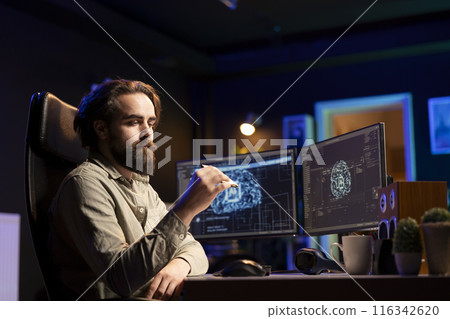Software developer holding classified disk containing program able to turn AI into self aware being. IT specialist preparing confidential cartridge to bestir life into sentient artificial intelligence 116342620