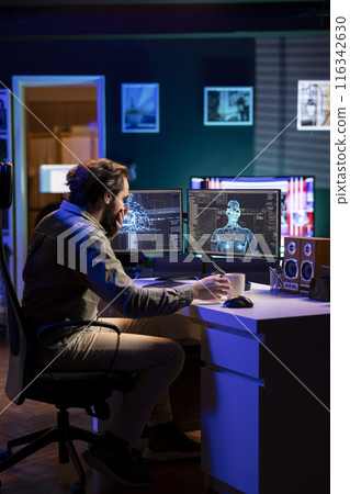 Sentient AI gains humanoid form inside computer, shocking confused developer. Self aware artificial intelligence alarming stupefied IT expert after becoming autonomous and achieving singularity 116342630