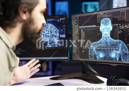 Artificial intelligence entity with anthropomorphic body escaping control of creator, breaking robotic laws, threatening humanity. AI robot gaining humanoid form inside computer 116342631