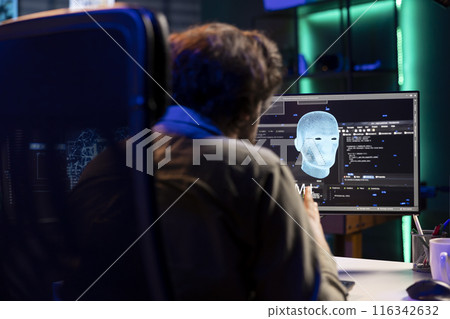 Sentient AI gains humanoid form inside computer talking with its creator. Self aware artificial intelligence chatting with programmer after becoming autonomous and achieving singularity Sentient AI gains humanoid form inside computer talking with its creator. Self aware artificial intelligence chatting with programmer after becoming autonomous and achieving singularity 116342632