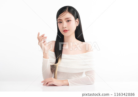 Beautiful young asian woman with clean fresh skin on white background, Face care, Facial treatment, Cosmetology, beauty and spa, Asian women portrait. Beautiful young asian woman with clean fresh skin on white background, Face care, Facial treatment, Cosmetology, beauty and spa, Asian women portrait. 116342886