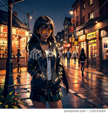 Woman walking downtown at night 116343084
